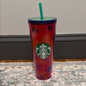 Starbucks Pink and Orange Floral Tumbler with Straw